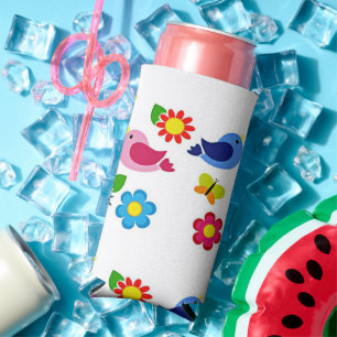 Spring time birds and flowers pattern white seltzer can cooler