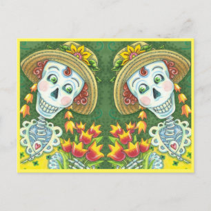 SPRING TIME SKELLY & TULIPS, TWIN SKELETONS Funny Holiday Postcard