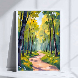 Spring Trail   Green Forest Watercolor Nature Poster