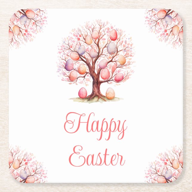 Spring Tree Easter Egg Hunt Square Paper Coaster (Front)