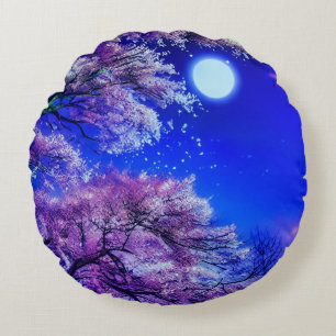 Spring tree, moon, blue sky. round pillow