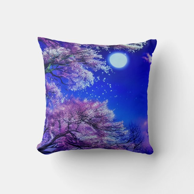 Spring tree, moon, blue sky.     throw pillow (Front)