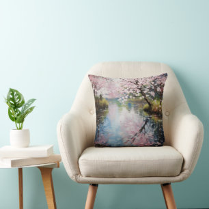 Spring Trees River Throw Pillow