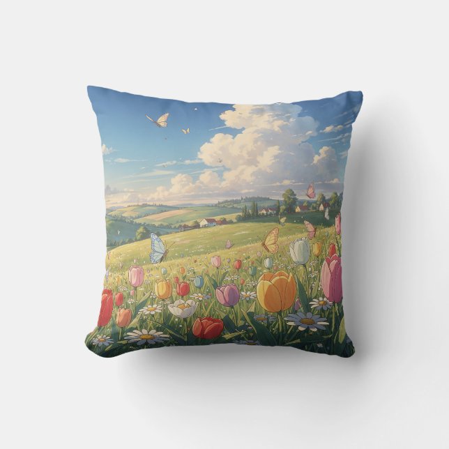 Spring Tulip Meadow Throw Pillow (Front)
