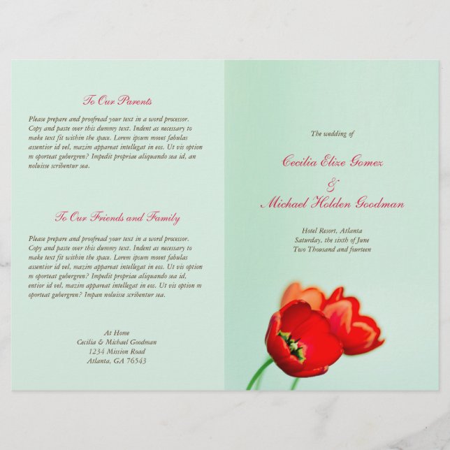 Spring tulip red floral mint wedding program (Front)