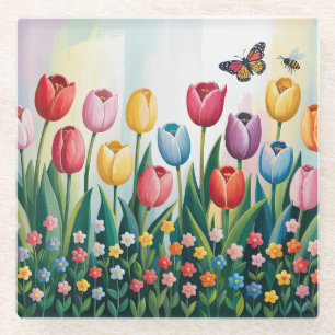 Spring Tulips and Butterflies Colourful Floral Glass Coaster