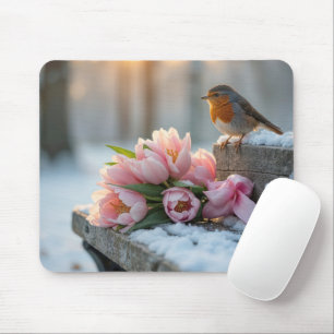 Spring Tulips and Robin On a Bench Mouse Pad