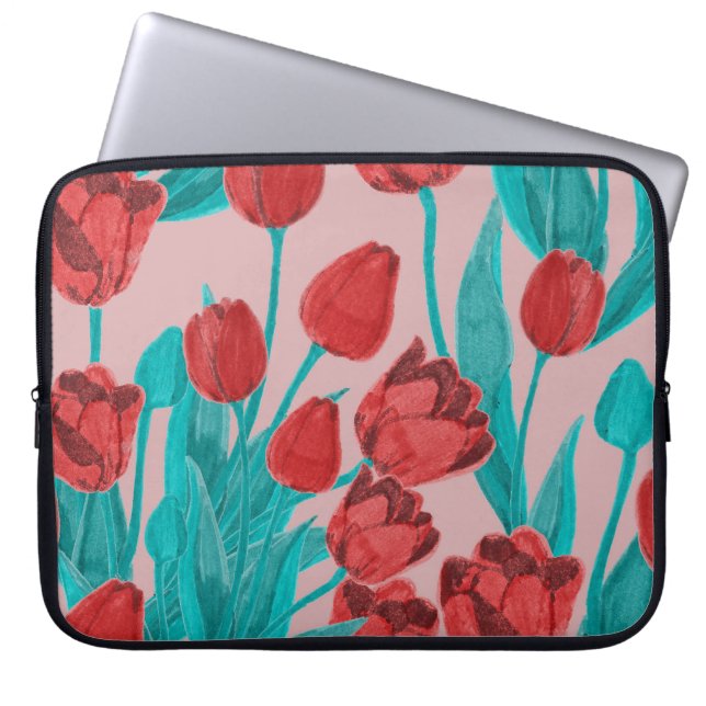 Spring tulips, hand-drawn floral pattern laptop sleeve (Front)