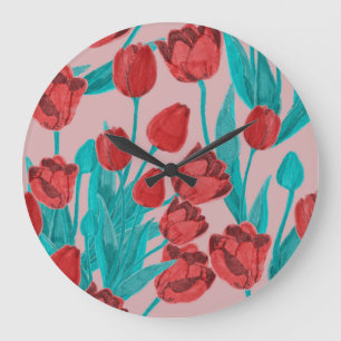Spring tulips, hand-drawn floral pattern large clock