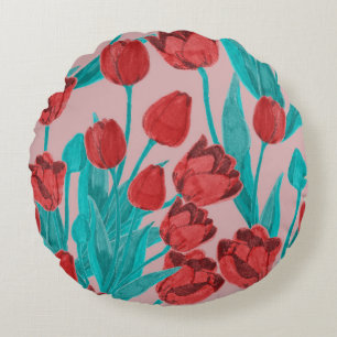 Spring tulips, hand-drawn floral pattern round pillow