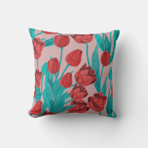 Spring tulips, hand-drawn floral pattern throw pillow