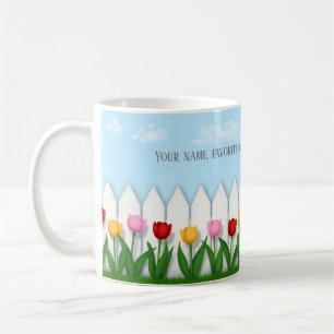 Spring Tulips White Picket Fence Custom Text Coffee Mug