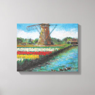 Spring Tulips Windmill Landscape Holland Painting Canvas Print