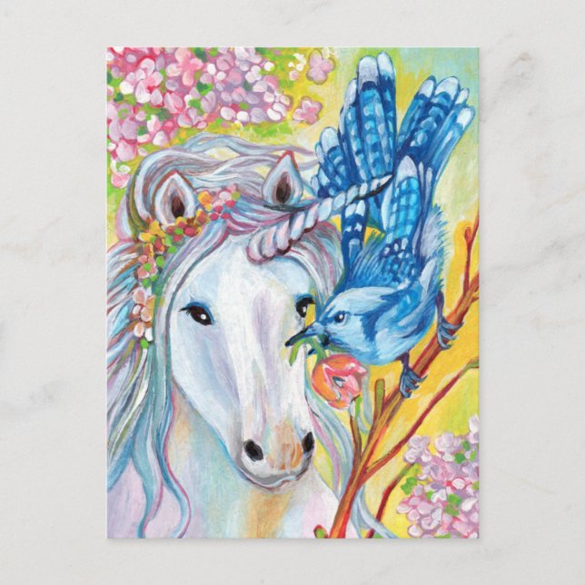 Spring Unicorn and Jay Postcard (Front)