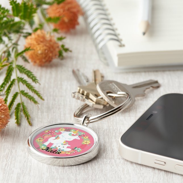 Spring Unicorns and Floral Personalized Keychain (Side)