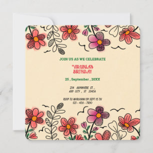 SPRING UNIQUE RED DOODLE FLOWERS BIRTHDAY  INVITATION