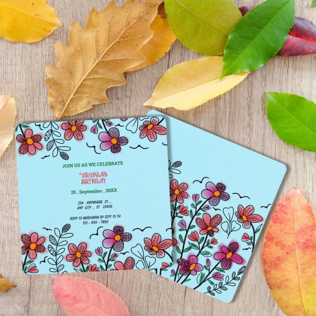 SPRING UNIQUE RED DOODLE FLOWERS BIRTHDAY  INVITATION (Creator Uploaded)