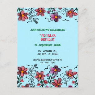 SPRING UNIQUE RED DOODLE FLOWERS BIRTHDAY  INVITATION POSTCARD