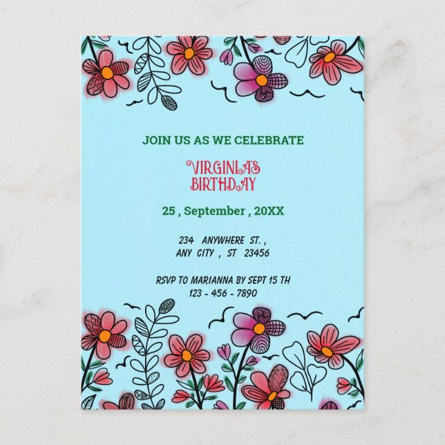 SPRING UNIQUE RED DOODLE FLOWERS BIRTHDAY  INVITATION POSTCARD (Front)