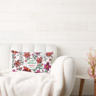 SPRING UNIQUE RED DOODLE FLOWERS BIRTHDAY LUMBAR PILLOW