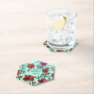 SPRING UNIQUE RED DOODLE FLOWERS BIRTHDAY PAPER COASTER