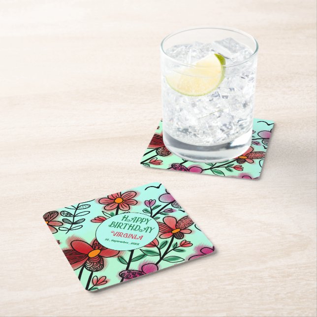 SPRING UNIQUE RED DOODLE FLOWERS BIRTHDAY  PAPER COASTER (Insitu)