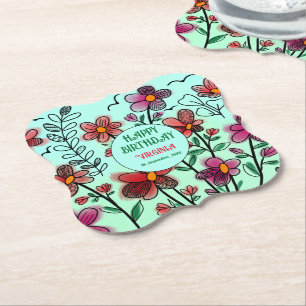 SPRING UNIQUE RED DOODLE FLOWERS BIRTHDAY PAPER COASTER