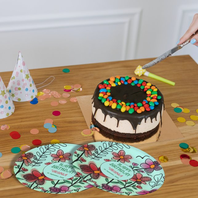 SPRING UNIQUE RED DOODLE FLOWERS BIRTHDAY  PAPER PLATE (Creator Uploaded)