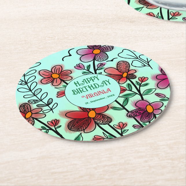 SPRING UNIQUE RED DOODLE FLOWERS BIRTHDAY  ROUND PAPER COASTER (Angled)