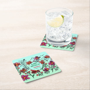 SPRING UNIQUE RED DOODLE FLOWERS BIRTHDAY SQUARE PAPER COASTER