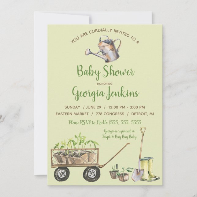 Spring Vegetable Garden Watering Can Baby Shower Invitation (Front)