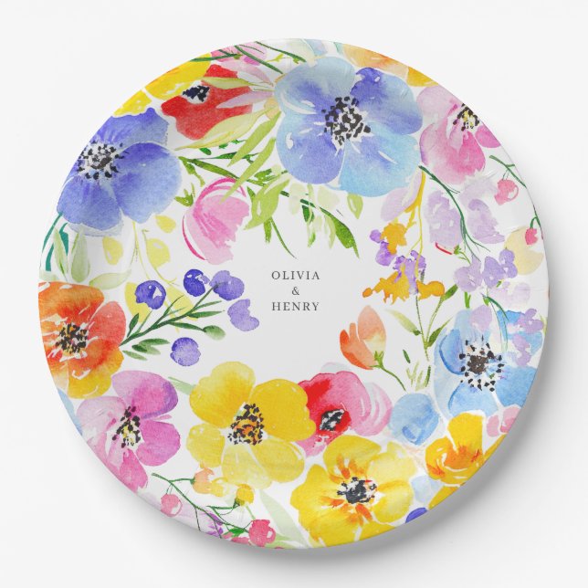 Spring Vibrant Watercolor Flowers Wedding  Paper Plate (Front)