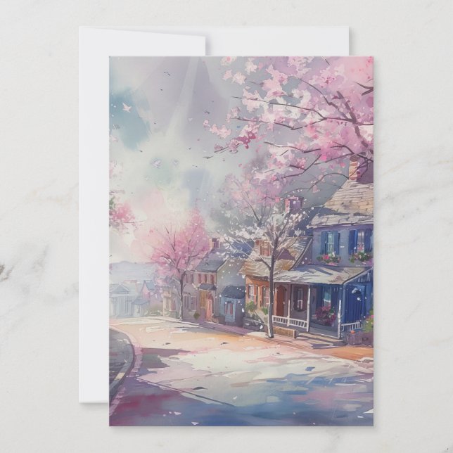 Spring Village Scene Hello Flat Card (Front)