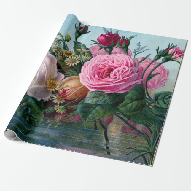 Spring Vintage Flower Linen Wrapping Paper (Unrolled)