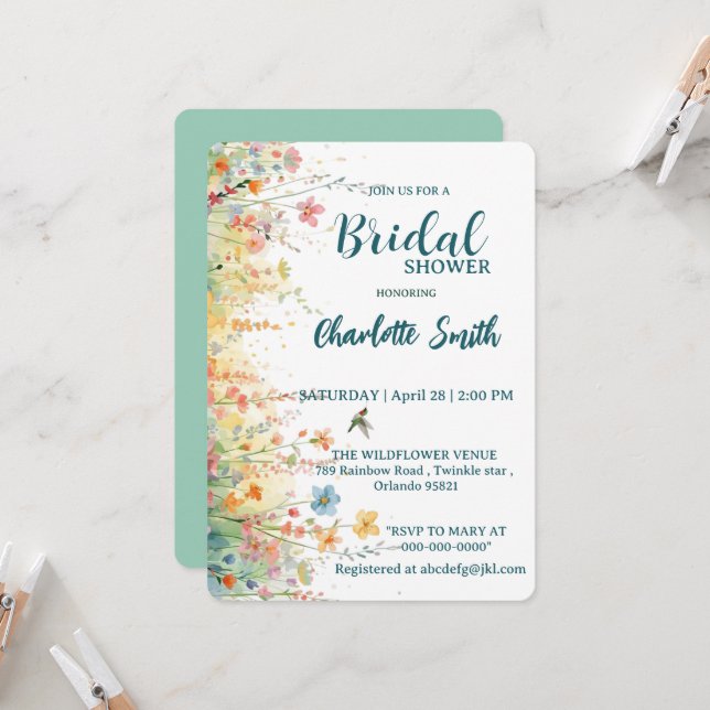 Spring Watercolor Birds Floral Monogram Wildflower Invitation (Front/Back In Situ)