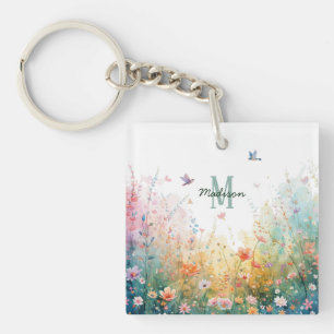 Spring Watercolor Birds Floral Monogram Wildflower Keychain