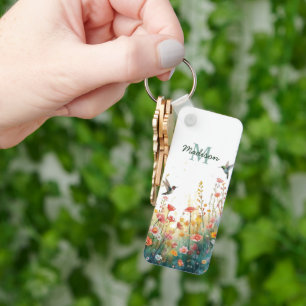 Spring Watercolor Birds Floral Monogram Wildflower Keychain