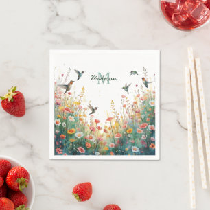Spring Watercolor Birds Floral Monogram Wildflower Napkin