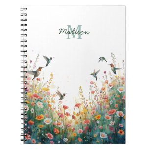 Spring Watercolor Birds Floral Monogram Wildflower Notebook
