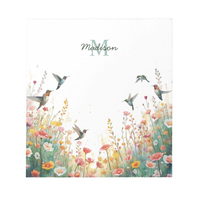 Spring Watercolor Birds Floral Monogram Wildflower Notepad (Front)