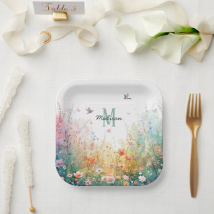 Spring Watercolor Birds Floral Monogram Wildflower Paper Plate