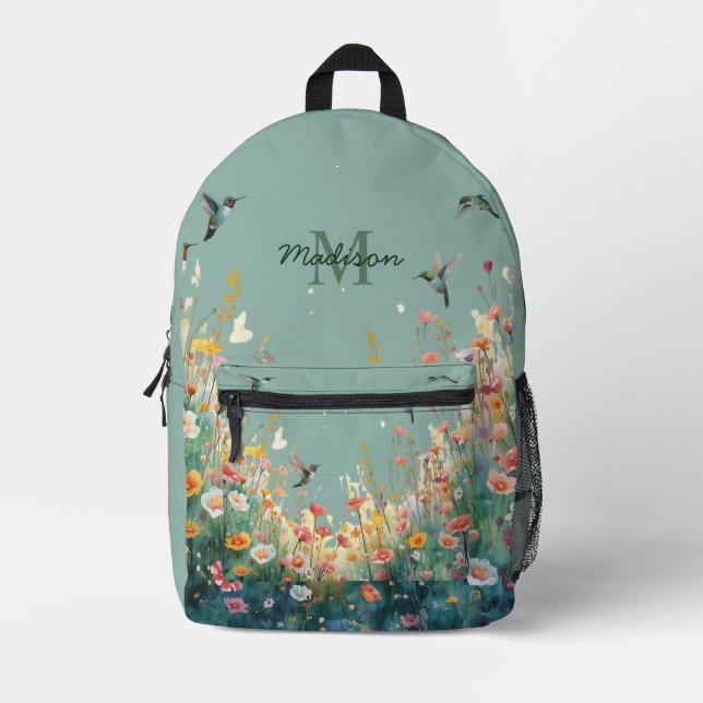 Spring Watercolor Birds Floral Monogram Wildflower Printed Backpack (Front)