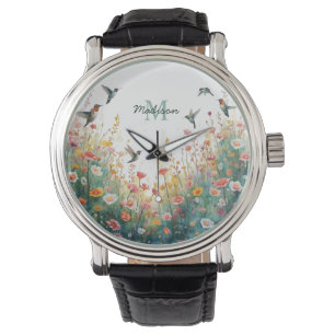 Spring Watercolor Birds Floral Monogram Wildflower Watch