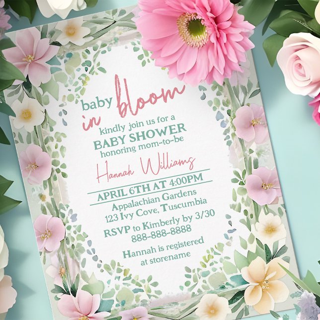 Spring Watercolor Bloom Budget Baby Girl Shower Invitation Postcard (Baby in bloom spring floral budget baby shower invitation, trendy 2024 colors  of mint, peach & pink)