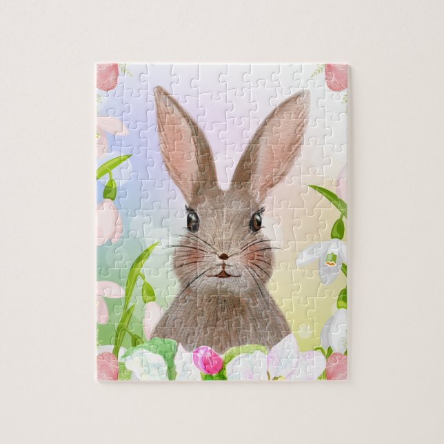 Spring Watercolor Bunny Rabbit Flowers Puzzle (Vertical)