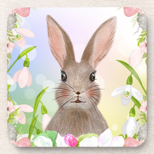 Spring Watercolor Bunny Rabbit Plastic Coasters 6 (Front)