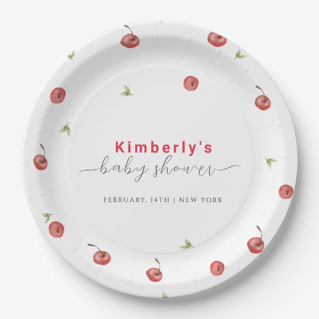 Spring Watercolor Cherry Sweet Baby Shower  Paper Plate (Front)