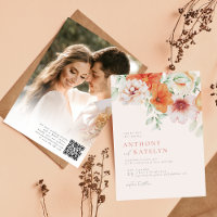 Spring Watercolor Coral Peach Floral Wedding Photo