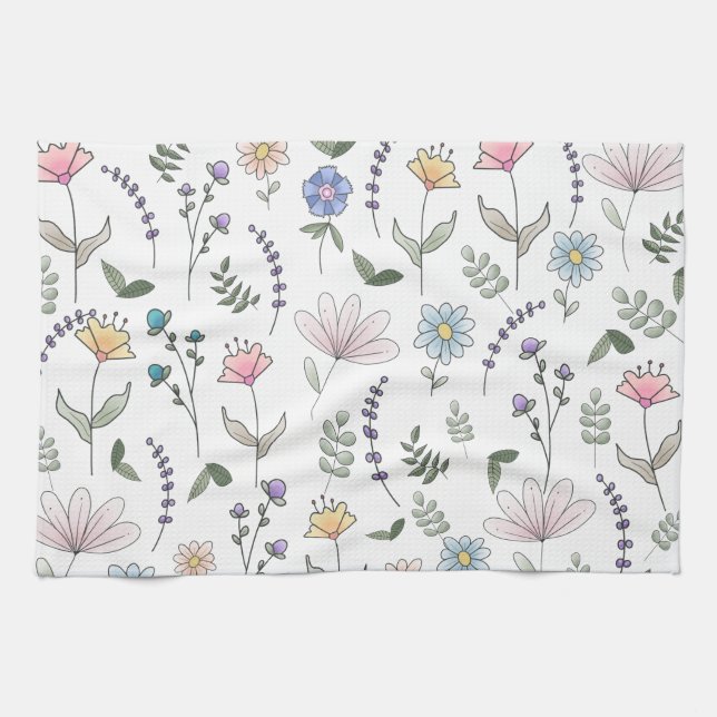 Spring Watercolor Doodle Flowers Kitchen Towel (Horizontal)