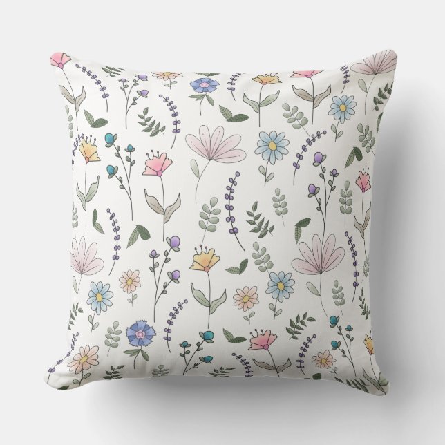 Spring Watercolor Doodle Flowers Throw Pillow (Front)
